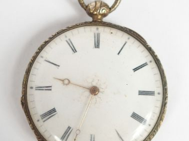 Montre de gousset en or jaune, cadran émail, chiffres romains. Diam. :