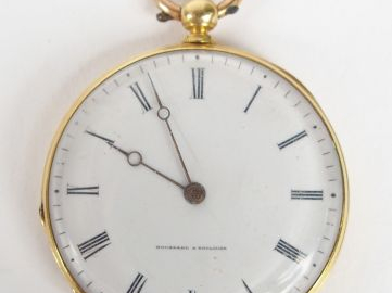 Boussard à Toulouse. Montre de col en or jaune, cadran émail, chiffres