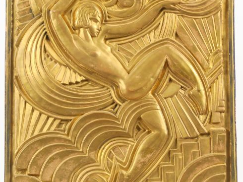 PICO "Danseuse" Bas-relief Art déco en terre cuite patinée et dorée. S