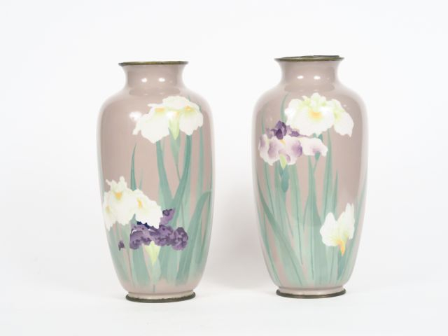 Paire de vases Art Nouveau en émail polychrome à décor d'iris. H. 31 c