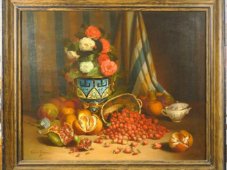 Vente aux enchères Giovanni CALVINI "Nature morte aux bouquets de fleurs et aux fruits" H