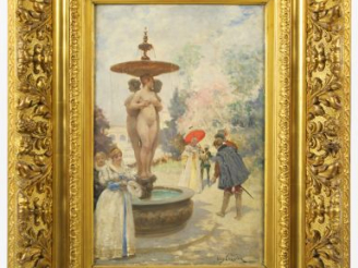 Vente aux enchères Jules GARNIER "La fontaine aux trois Grâces" Huile sur toile, dans son