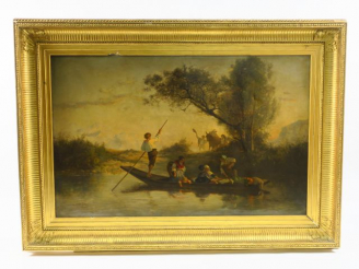 Vente aux enchères 	Armand LELEUX « Retour du marché en barque »  Huile sur toile. Signée