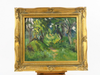 Vente aux enchères 	E MANGENOT, « Petit chemin normand »  Huile sur toile. Signée en bas 
