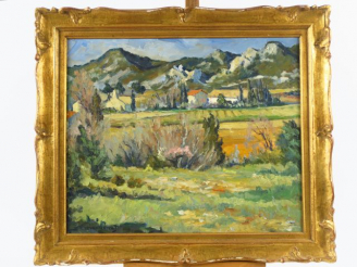 Vente aux enchères E. MANGENOT « Paysage des Alpilles » Huile sur toile. Signée en bas à 