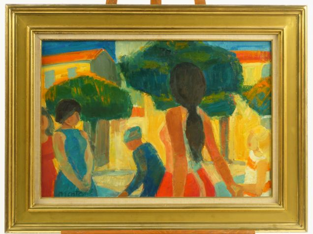 MONTANE "La grande place à Fréjus" Huile sur toile.  Signée en bas à g
