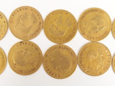 10 pièces de 10 Francs or, Napoléon III tête nue. Poids: 32gr