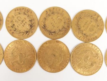10 pièces de 10 Francs or: -5 x Napoléon III tête laurée, -5 x Mariann