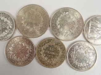 Vente aux enchères 2 pièces de 50 Francs argent Hercule. On y joint 5 pièces de 10 Francs