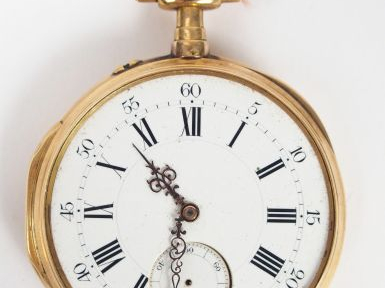 Montre de gousset en or jaune, cadran émail, chiffres romains, trotteu