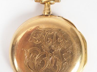 Montre de gousset en or jaune, cadran émail, chiffres romains, trotteu