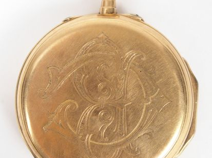 Montre de gousset en or jaune, cadran émail, chiffres arabes, trotteus