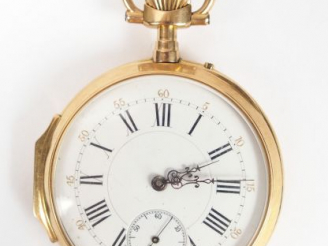 Vente aux enchères Montre de gousset en or jaune, cadran émail, chiffres romains, trotteu