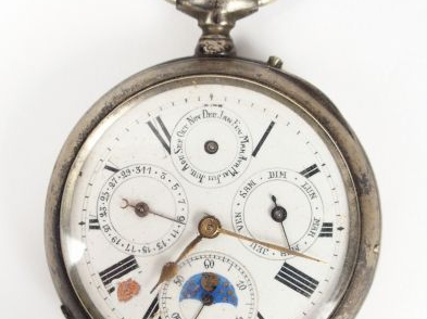 Montre de gousset en argent, cadran émail, chiffres arabes, phases de 