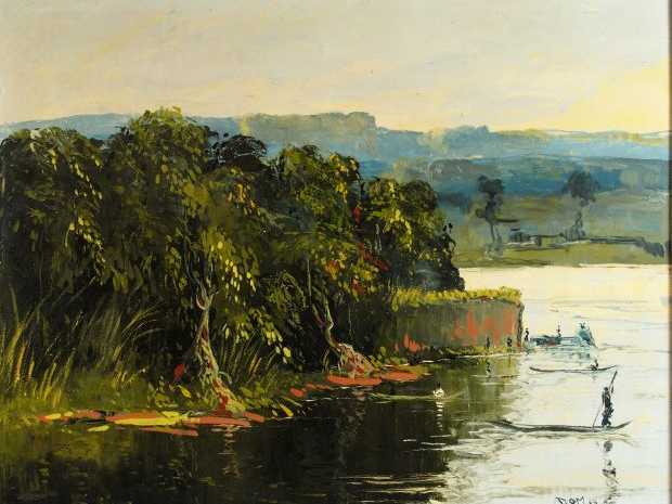 DOM "Paysages d'Afrique Noire". Paire d'huiles sur toile, signées en b