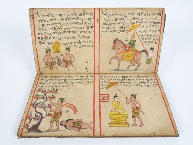 Manuscrit XIXème, reliure en bois laqué.  Birmanie. Dim. 18 x 36 cm