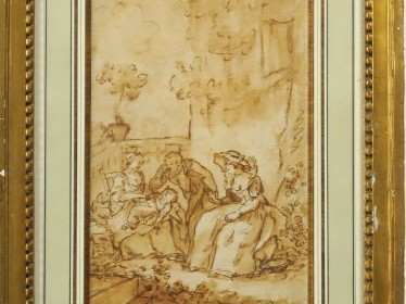 Ecole française XVIIIème "Réunion de famille dans un parc" Dessin au l