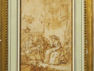 Vente aux enchères Ecole française XVIIIème "Réunion de famille dans un parc" Dessin au l