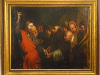 Vente aux enchères Ecole XVIIIème "Le Christ et les marchands" Huile sur toile Dim. 59 x 