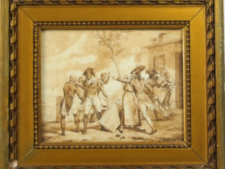 Vente aux enchères Ecole française XIXème "la rixe" Dessin au lavis  Dim. 23 x 29 cm