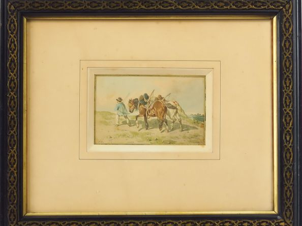 Ecole française XIXème "Paysan et son attelage" Aquarelle monogrammée 