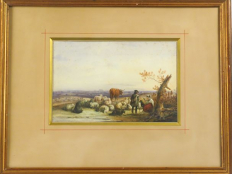 Vente aux enchères Ecole française XIXème "Couple de bergers et leur troupeau" Aquarelle 