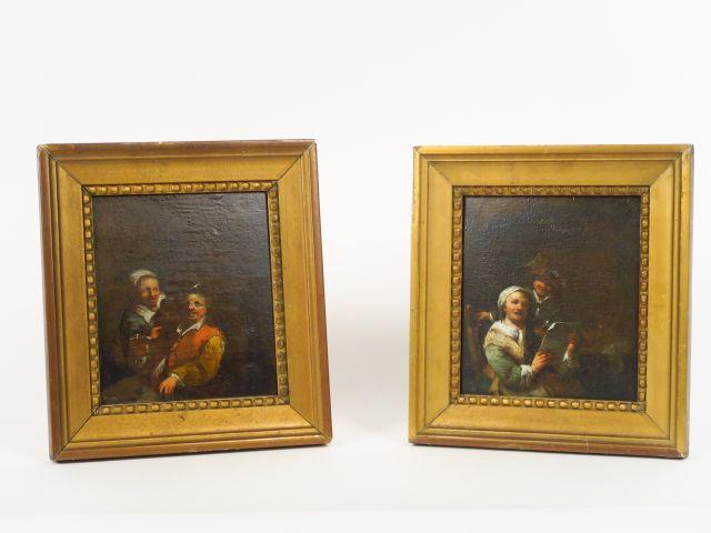 Ecole du Nord XIXème "A l'auberge". Paire d'huiles sur panneaux. 15,5 