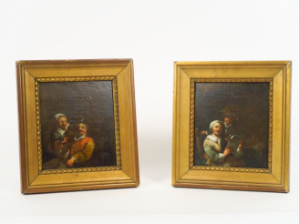 Vente aux enchères Ecole du Nord XIXème "A l'auberge". Paire d'huiles sur panneaux. 15,5 