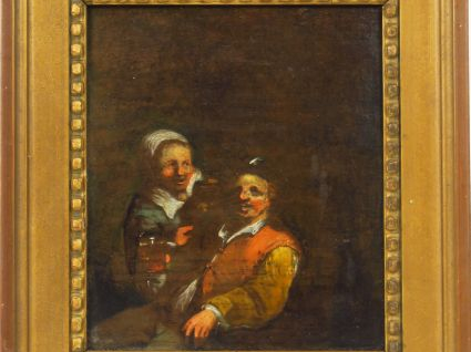 Ecole du Nord XIXème "A l'auberge". Paire d'huiles sur panneaux. 15,5 