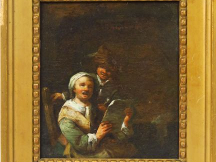 Ecole du Nord XIXème "A l'auberge". Paire d'huiles sur panneaux. 15,5 