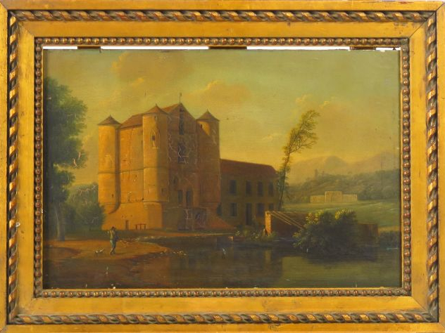 Ecole française début XIXème "Promeneur et son chien" Huile sur pannea