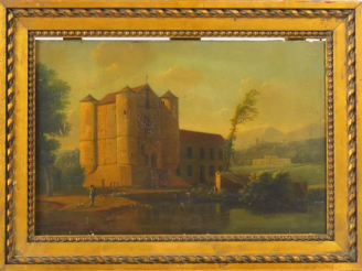 Vente aux enchères Ecole française début XIXème "Promeneur et son chien" Huile sur pannea