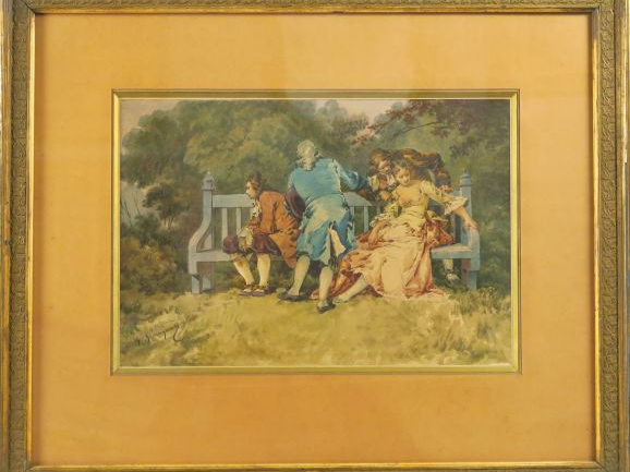 G. BERINGUIER. "Scène galante dans un parc" Aquarelle, signée en bas à