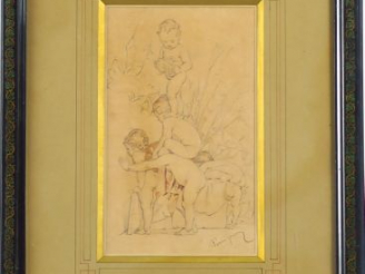 Vente aux enchères G. BERINGUIER. "Etude, enfants jouant" Dessin signé en bas à droite  D
