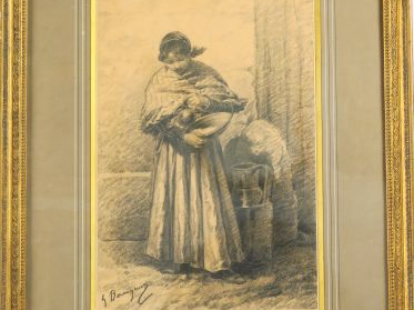 G. BERINGUIER. "Jeune fille au pichet et au plateau" Dessin au crayon 