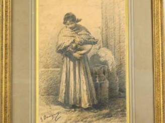Vente aux enchères G. BERINGUIER. "Jeune fille au pichet et au plateau" Dessin au crayon 