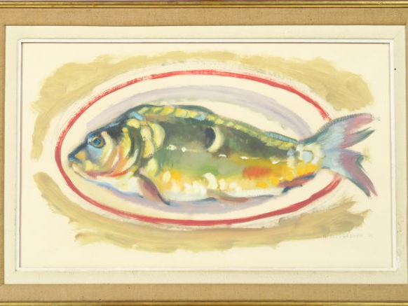 M. GOEDGEBUER "Nature morte au poisson" Huile sur papier, signée en ba