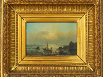Vente aux enchères H. GUDIN. "Marine" Huile sur panneau signée en bas à gauche Dim. 13,7 