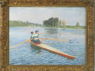 Vente aux enchères F.J. GUELDRY. 'Outrigger à deux'.  Huile sur toile, signée en bas à ga