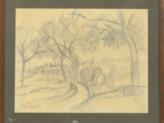 Vente aux enchères P. KREMEGNE. "Paysage de Corrèze" Dessin. Signé en bas à gauche.  Dim.