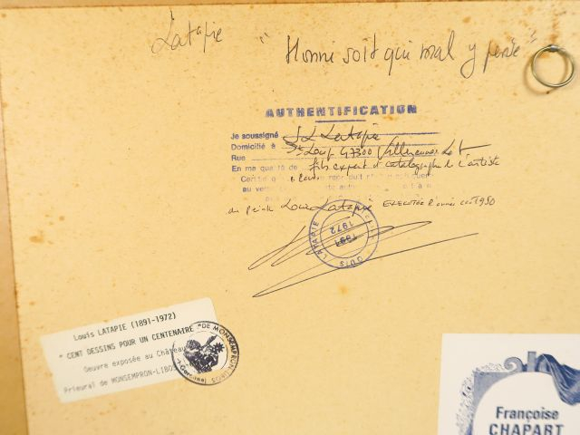Louis LATAPIE "Honni soit qui mal qu'il pense" Encre signée en bas à g