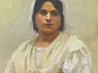 Vente aux enchères A. J. MAS "Jeune italienne au fichu". Huile sur toile, signée en bas à