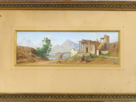 PONS. "Paysage italien animé" Gouache, signée en bas à droite  Dim. 14