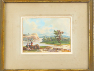 Vente aux enchères DE RAYNAL. "Paysage lacustre animé" Gouache, signée en bas à droite et