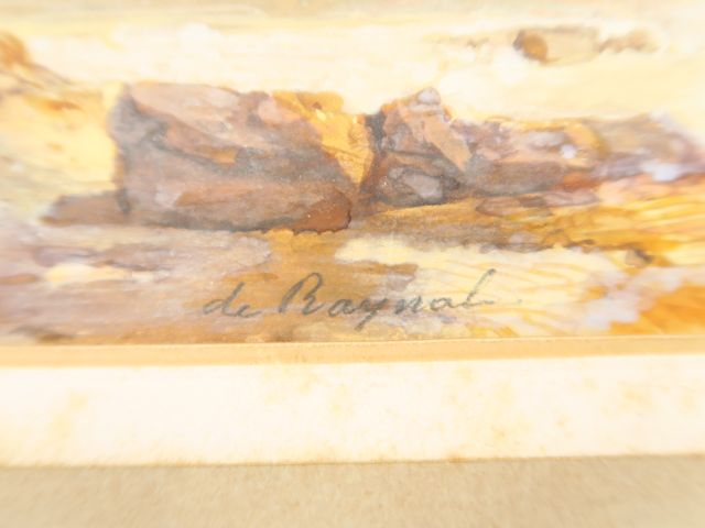 DE RAYNAL. "Paysage lacustre animé" Gouache, signée en bas à droite et