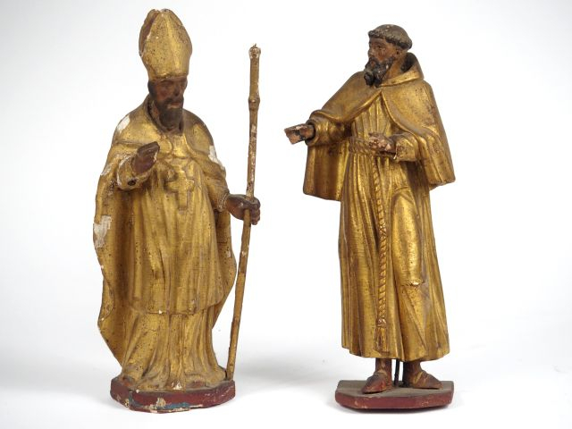 Deux différents sujets début XIXème en bois doré "Evêque et moine" (pe