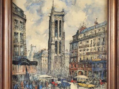 Frank WILL. "Paris, la Tour Saint Jacques". Aquarelle, signée en bas à