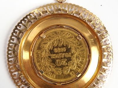 Pièce 20 Francs or, Napoléon III, 1859-A.  Monture or jaune.  Poids : 