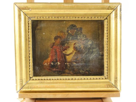 Ecole française XIXème 'les écoliers et leur mère'. Huile sur toile (a