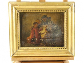 Vente aux enchères Ecole française XIXème 'les écoliers et leur mère'. Huile sur toile (a